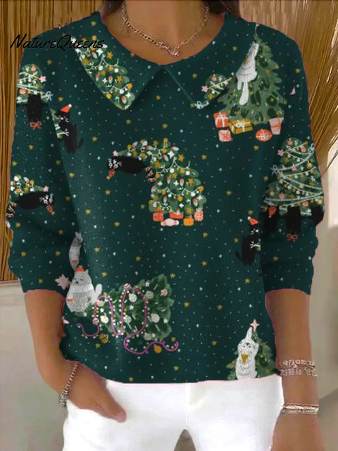 Women's Christmas Cat Print Casual Peter Pan Collar 3/4 Sleeve Sweater