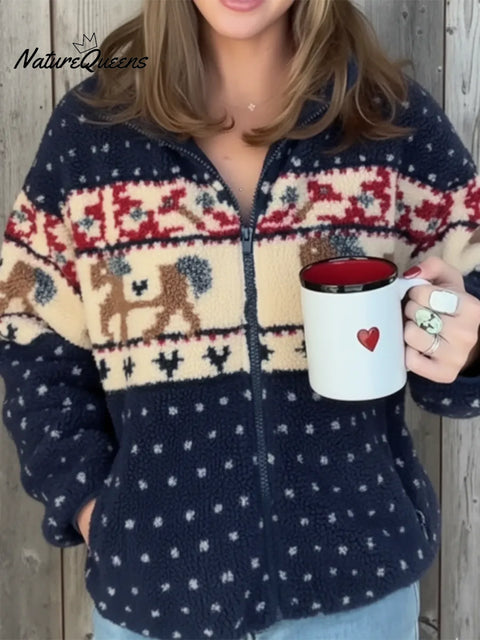 Cozy Lambswool Reindeer Print Zip-up Hooded Jacket