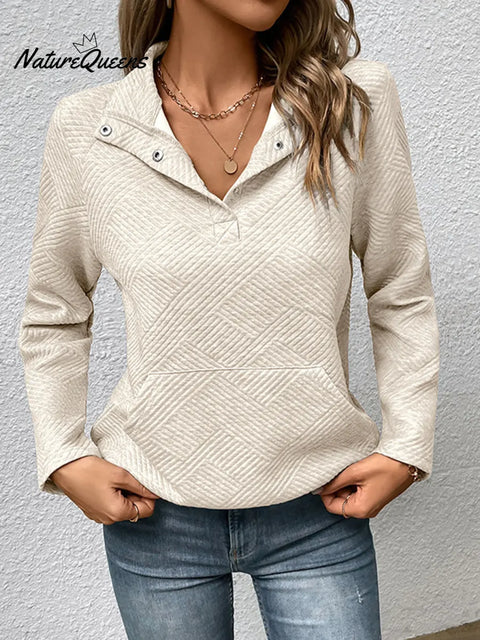 Women's Solid Color V-Neck Long Sleeve Casual Loose Sweatshirt