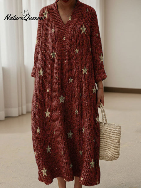 Christmas Star Decoration Pattern Women's Casual V-collar Long Sleeve Dress