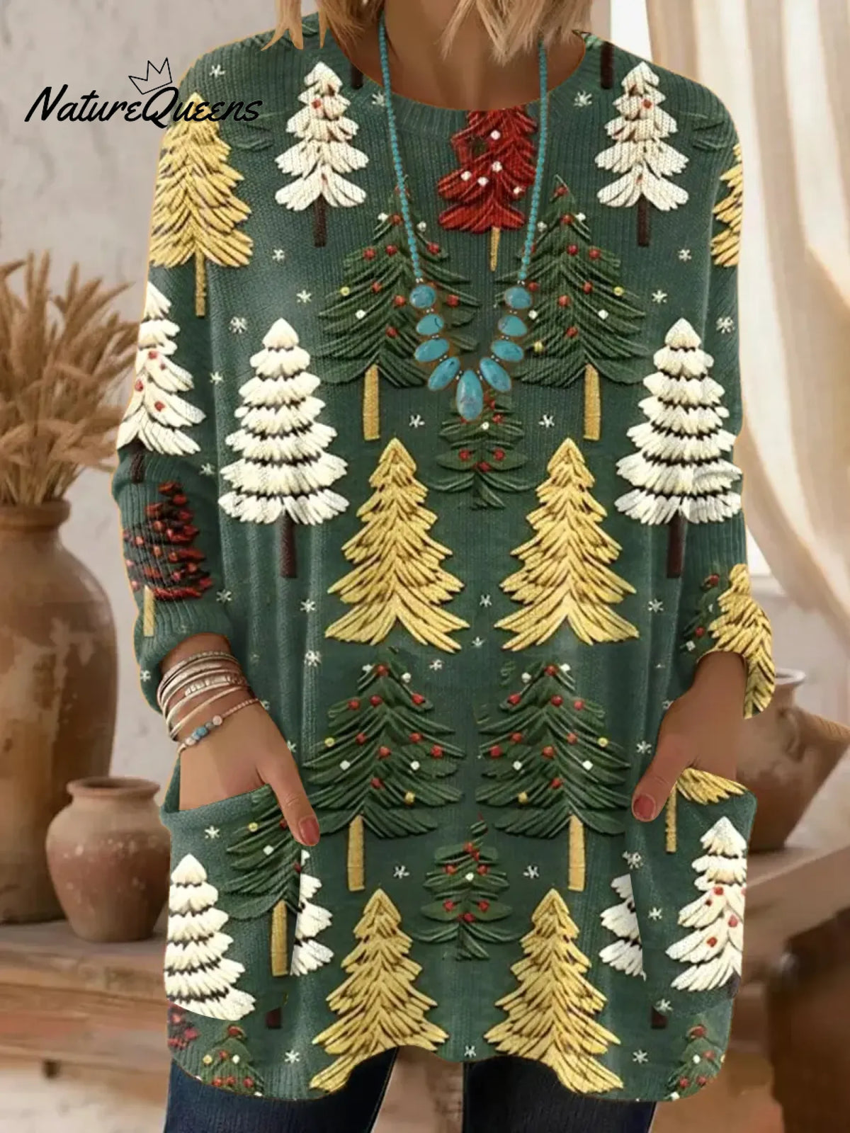 Women's Christmas Tree Pattern Art Print Casual Cotton Knitted Sweater