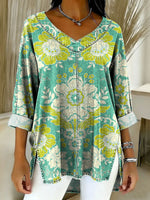 Women's Retro Gradient Ethnic Art Patterns Casual Washed Denim Cotton Top