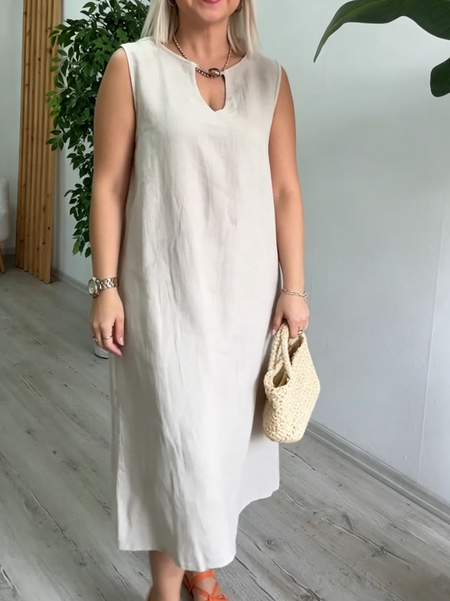 Elegant Beaded-collar Cotton-linen Dress