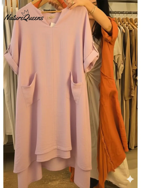 Women's Casual V-neck Pocket Cotton Linen Dress