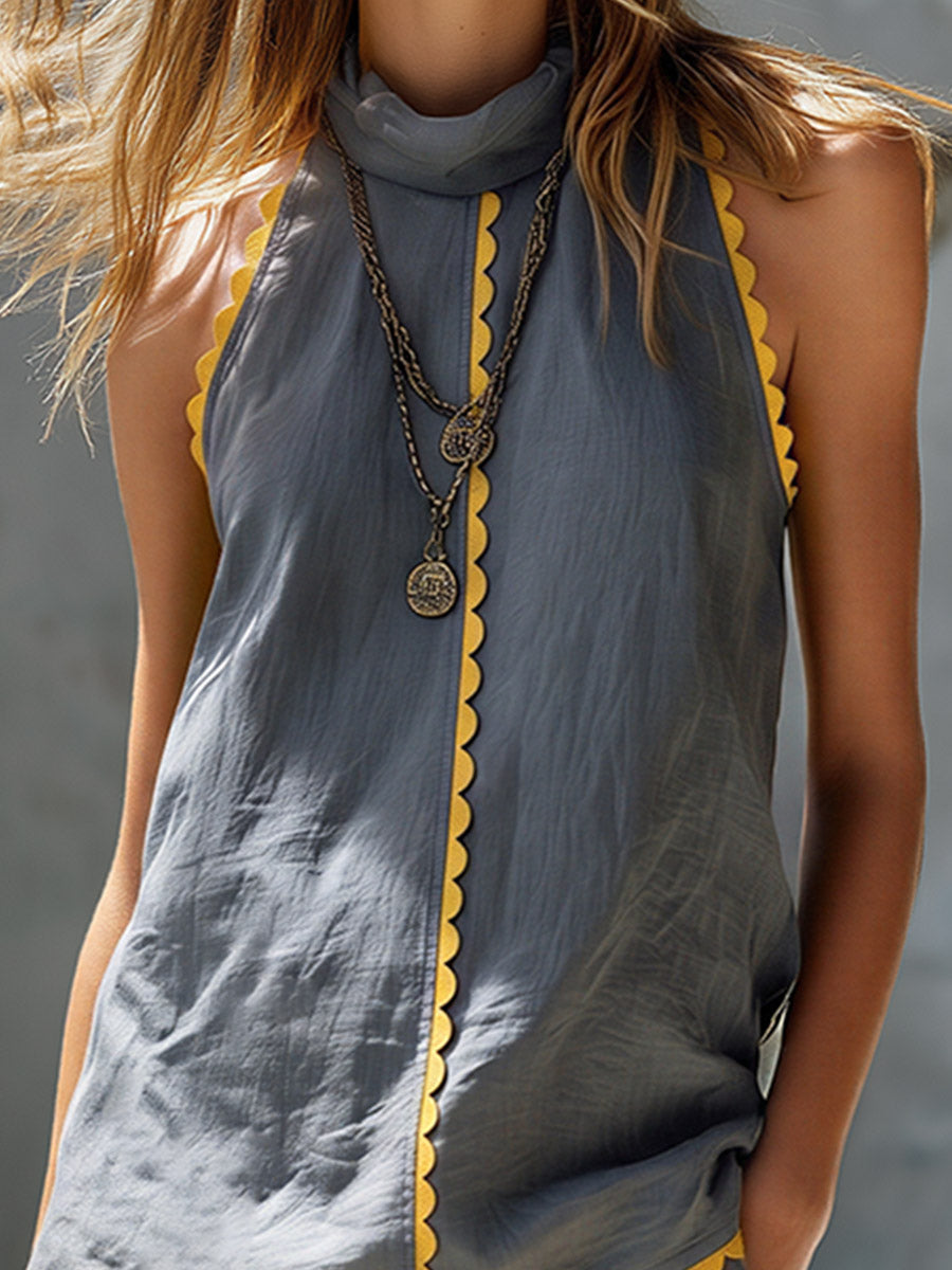 Cotton-linen Sleeveless Top With Wavy Trim + Shorts Set