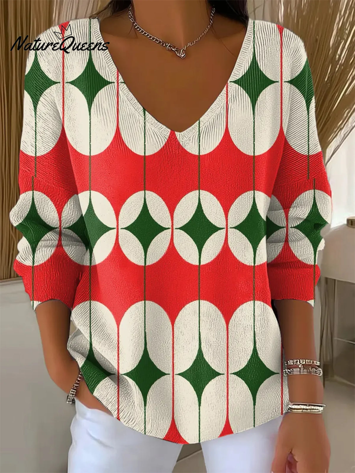 Women's Vintage Abstract GeometricArt Print Casual Pullover Sweater