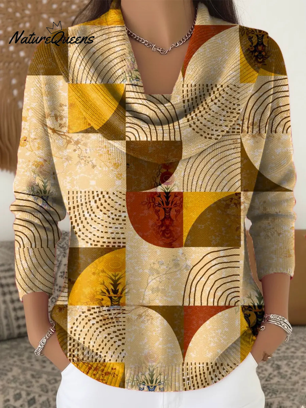 Women's Geometric Pattern Art Print Casual Cowl Neck Sweater