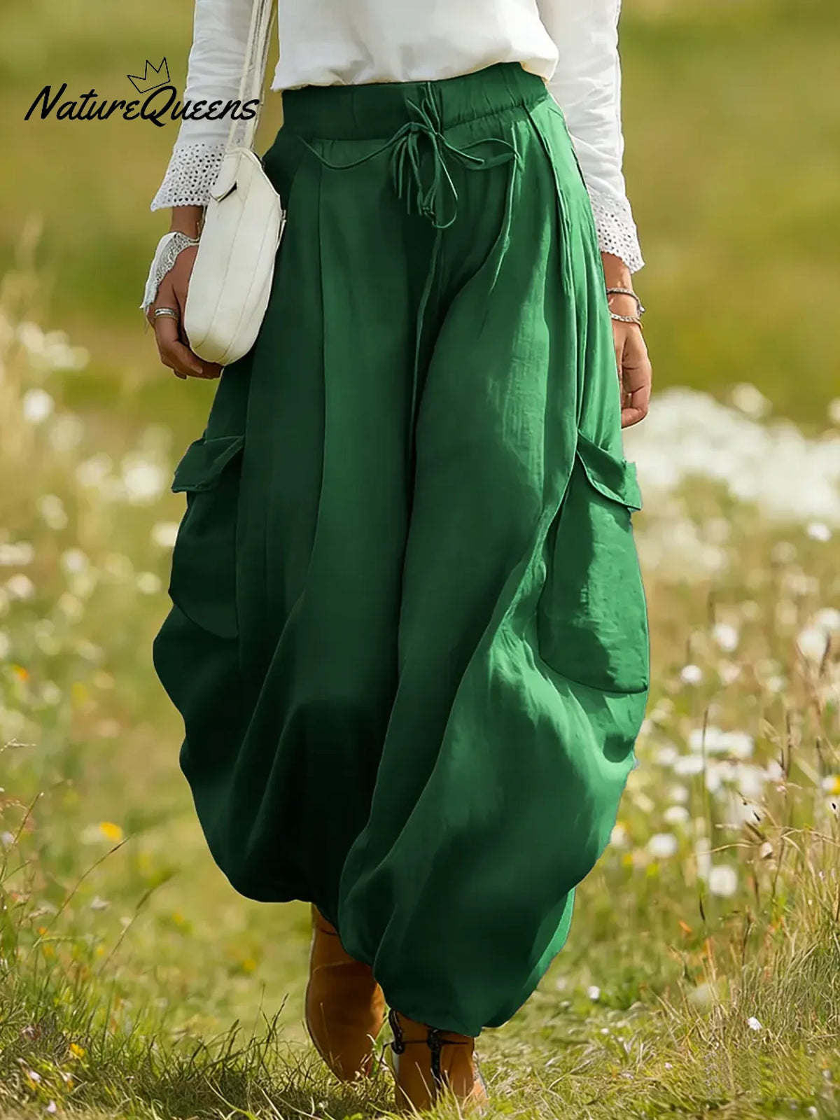 Women's Solid Color High-waisted Drawstring Casual Loose Cotton Wide-leg Pants