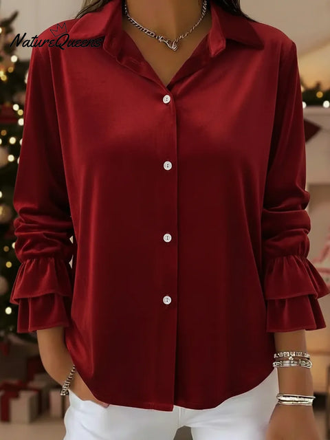 Retro Multi-layered Ruffled Sleeve Velvet Shirt Top