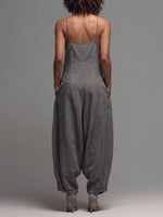 Women's Solid-color Casual Loose Cotton-linen Wide-leg Jumpsuit With Spaghetti Straps