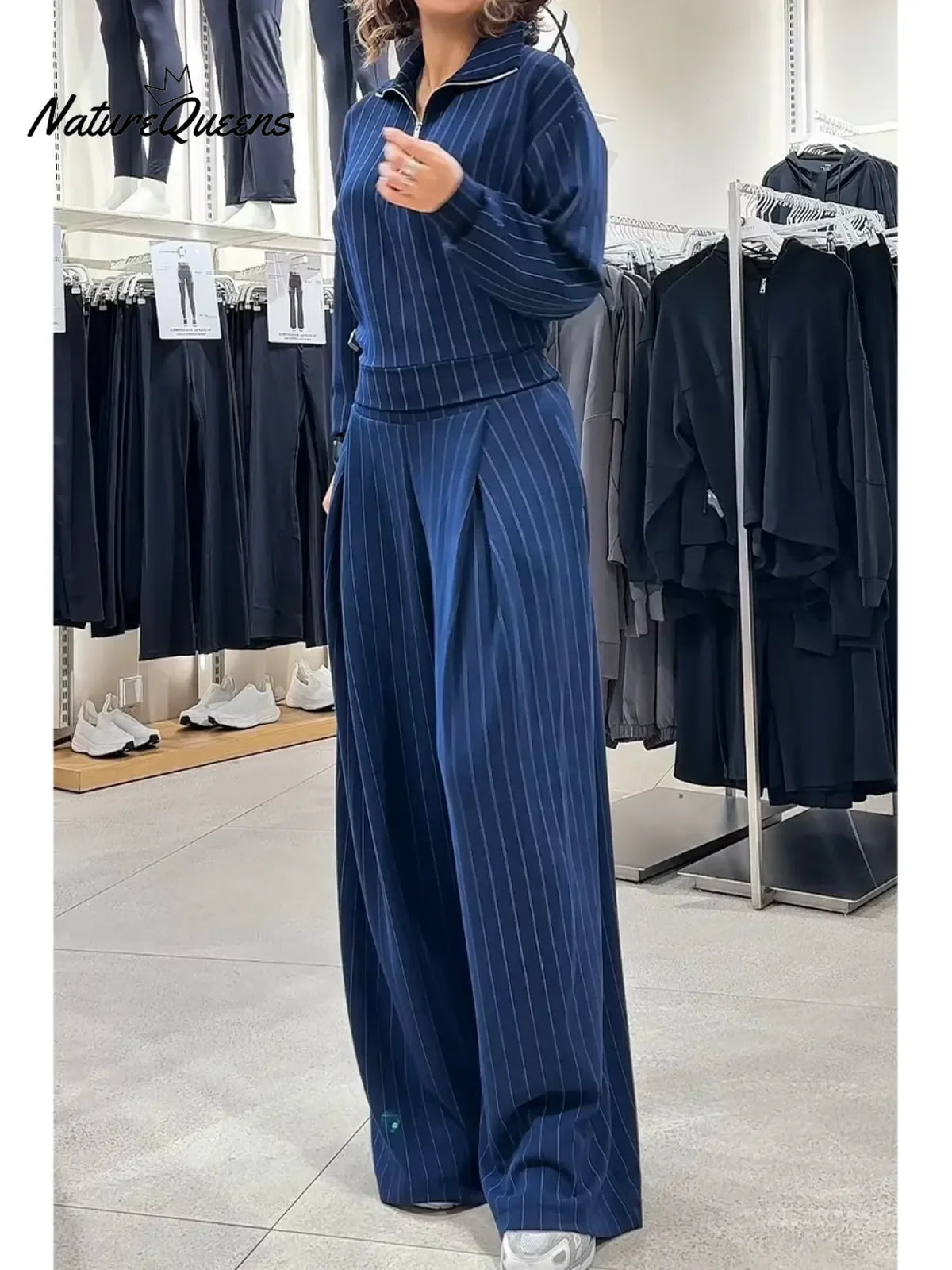 Women's Striped Stretch Cotton Half-zip Top And Wide-leg Pants Two-piece Set