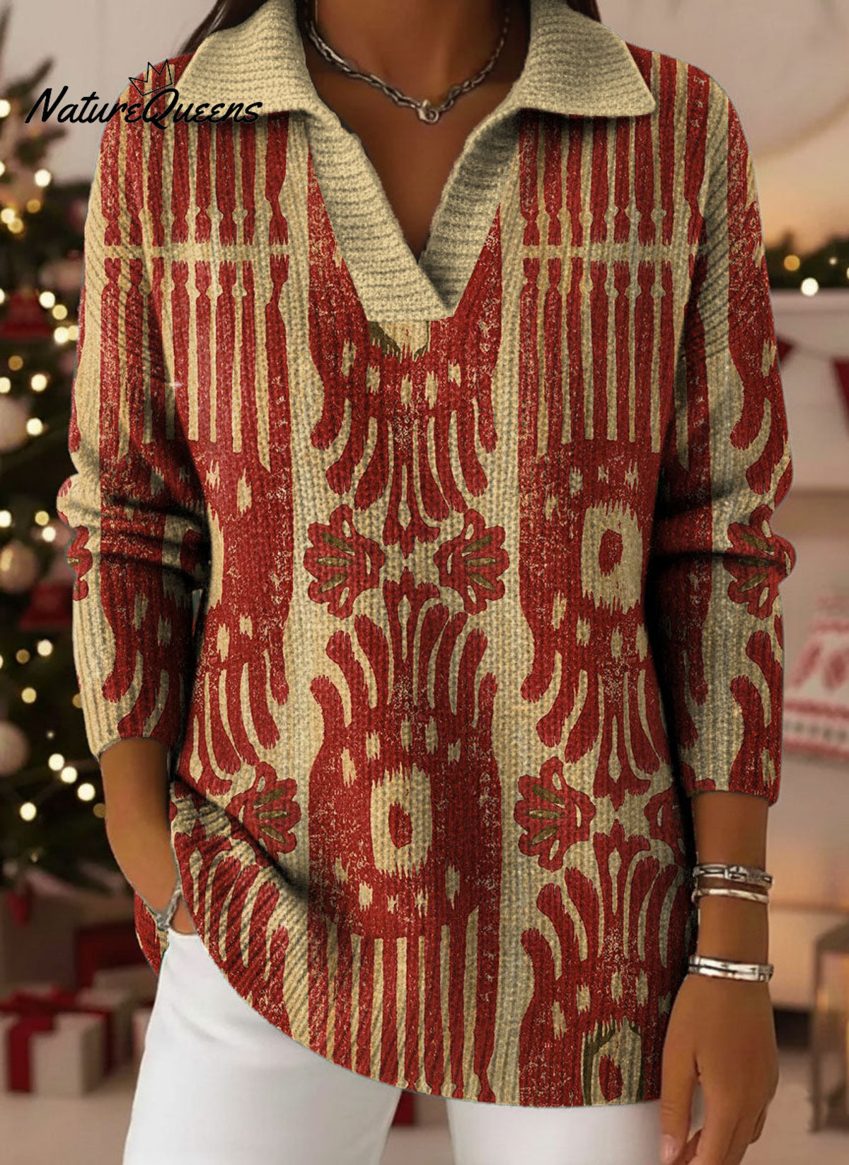Retro Ethnic Art Pattern Polo Collar Shiny Loose Sweater Top