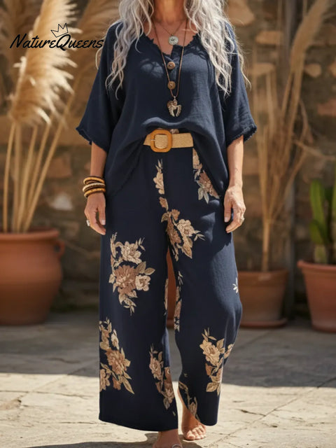 Button-down Top And Printed Wide-leg Trousers Linen Two-piece Set