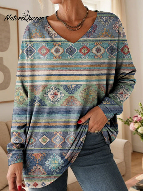 Women's Nationality Pattern Art Print V-neck Casual Cotton T-shirt