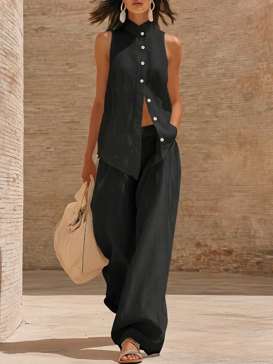 Retro Cozy Lace Top And Wide-leg Pants Linen Set