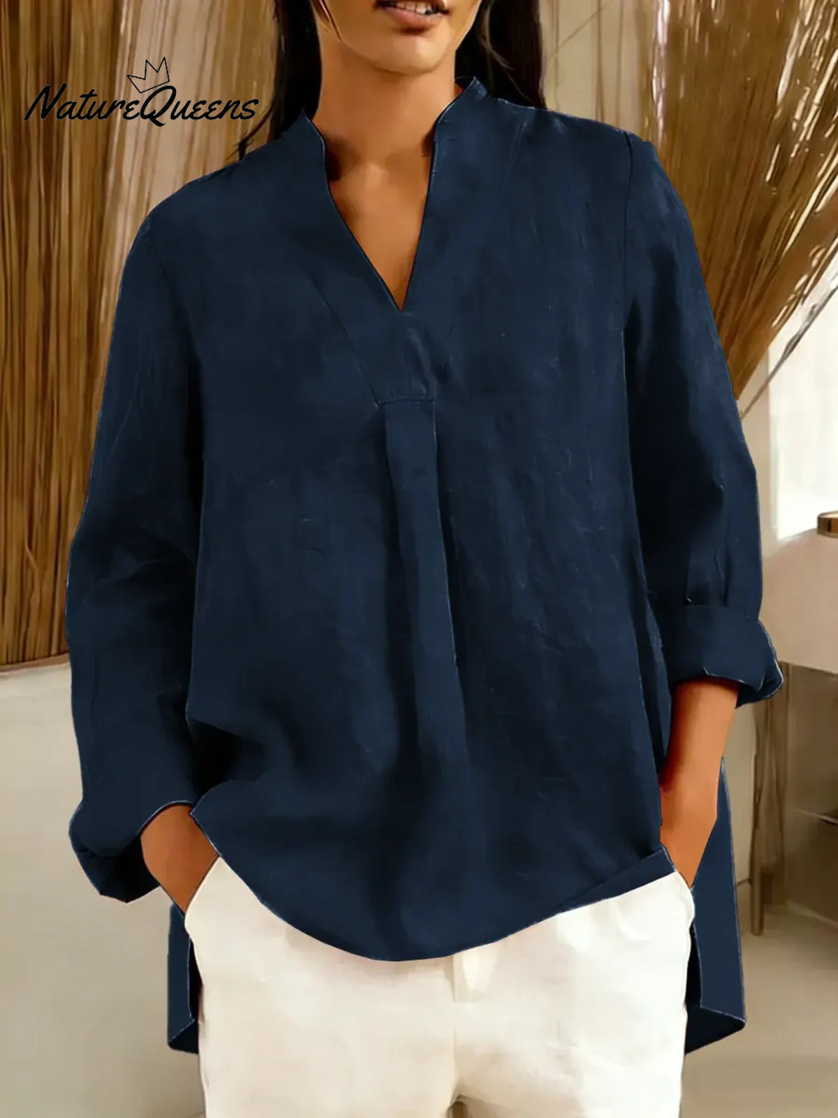 Women's Solid Color V-neck Long Sleeve Casual Loose Cotton Top