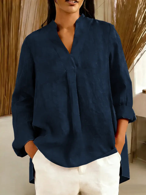 Women's Solid Color V-neck Long Sleeve Casual Loose Cotton Top