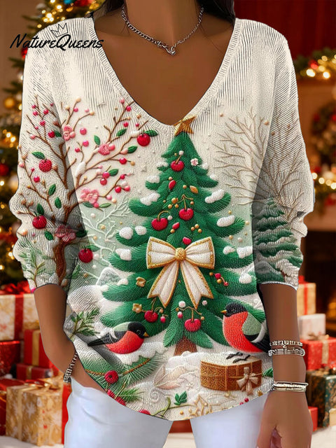 Women's Christmas Tree Snow Bird Art Pattern Art Print V-neck Solid Color Loose Shiny Sweater