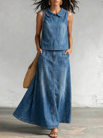 Women's Casual Denim Set: Sleeveless Loose-fit Top With Peter Pan Collar & High-waisted A-line Skirt