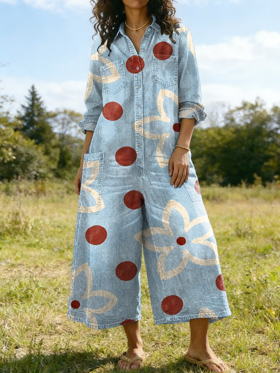 Women's Floral And Polka Dot Decorative Patterns Casual Denim Jumpsuit