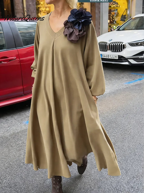 Women's Solid Color V-neck Long-sleeved Casual Loose Cotton Dress