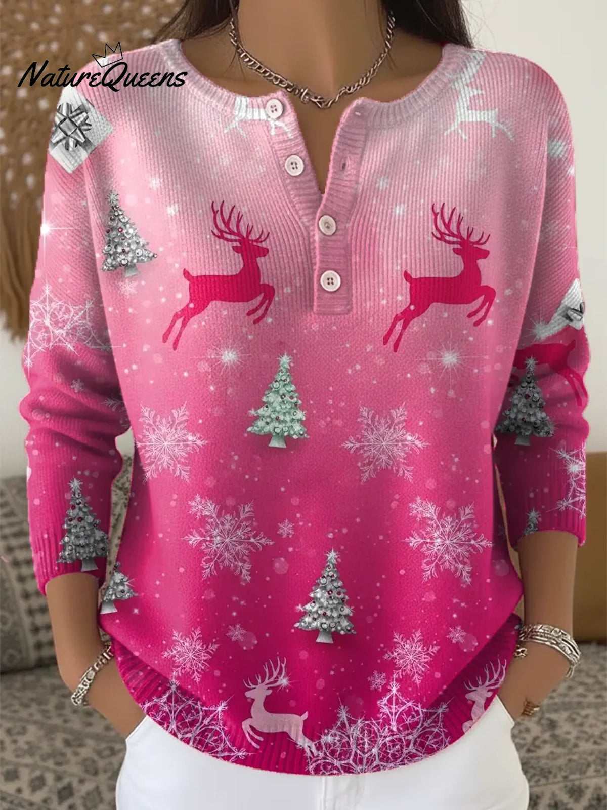 Women's Vintage Gradient Christmas Art Print Buttoned Cardigan Sweater