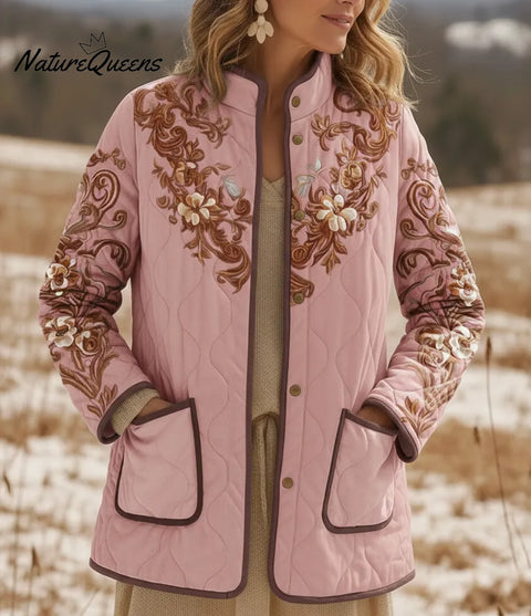 Retro Stand-up Collar Floral Print Pocket Padded Jacket