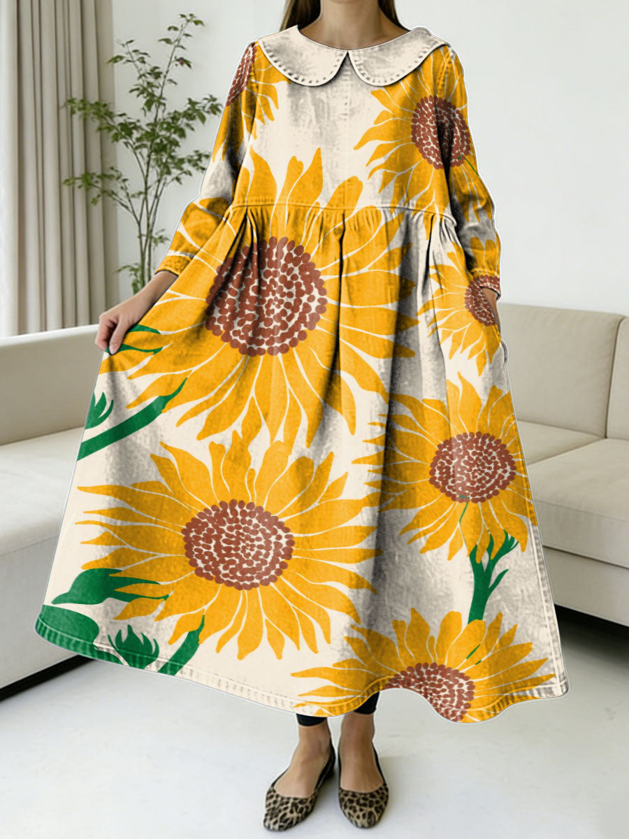 Sunflower Decorative Pattern Women's Casual Peter Pan Collar Long Sleeve Dress