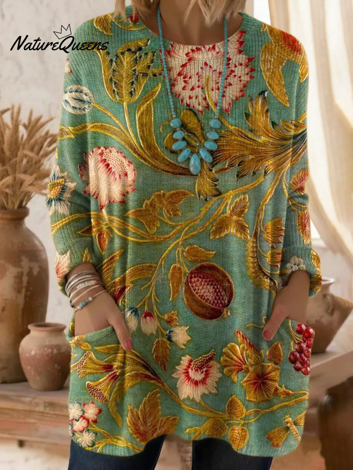 Women's Floral Pattern Art Print Casual Cotton Knitted Sweater