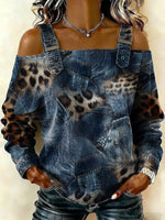 Women‘s Vintage Gradient Leopard Print Casual Cotton Denim Shirt