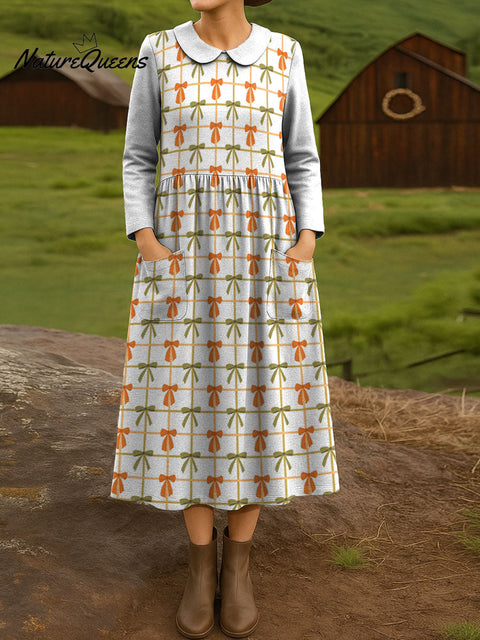 Line check and bow decorative pattern Peter pan Collar Casual Dress