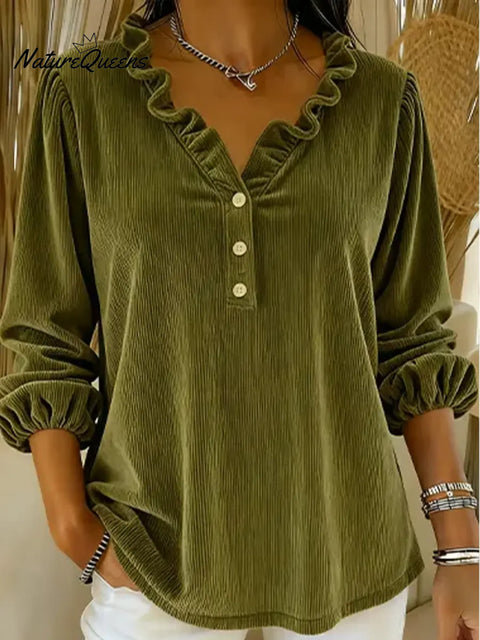 Women's Corduroy Ruffle Collar Cotton Shirt