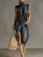 Women's Stand-collar Sleeveless Casual Loose Denim Dress