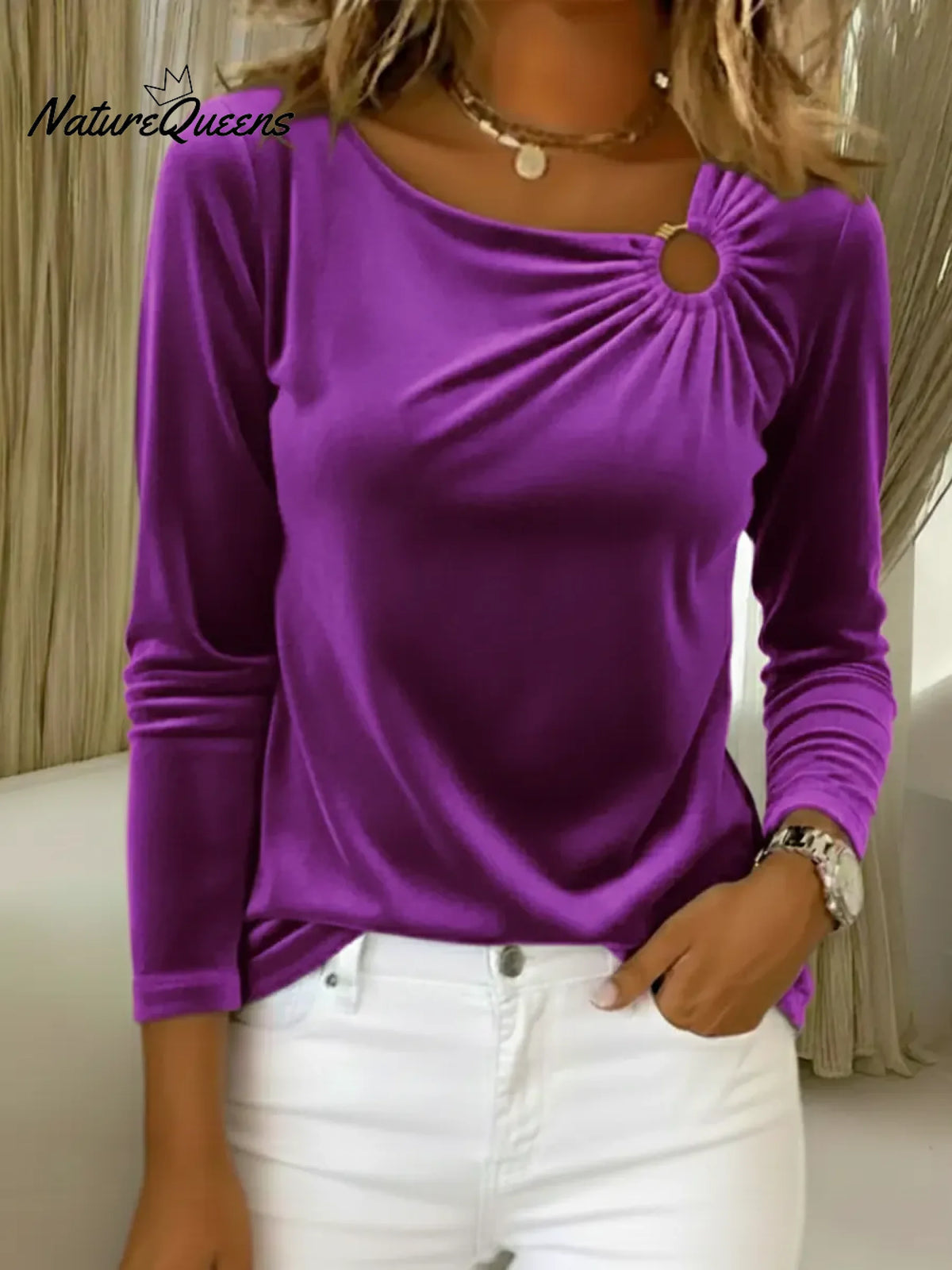 Women's Velvet Top With Decorative Metal Buckles.