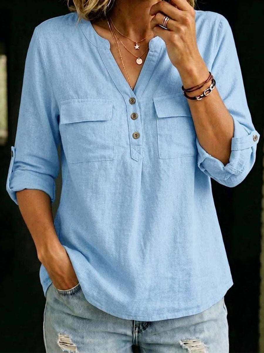 Women's Solid-color V-neck Long-sleeve Casual Loose Cotton-linen Top