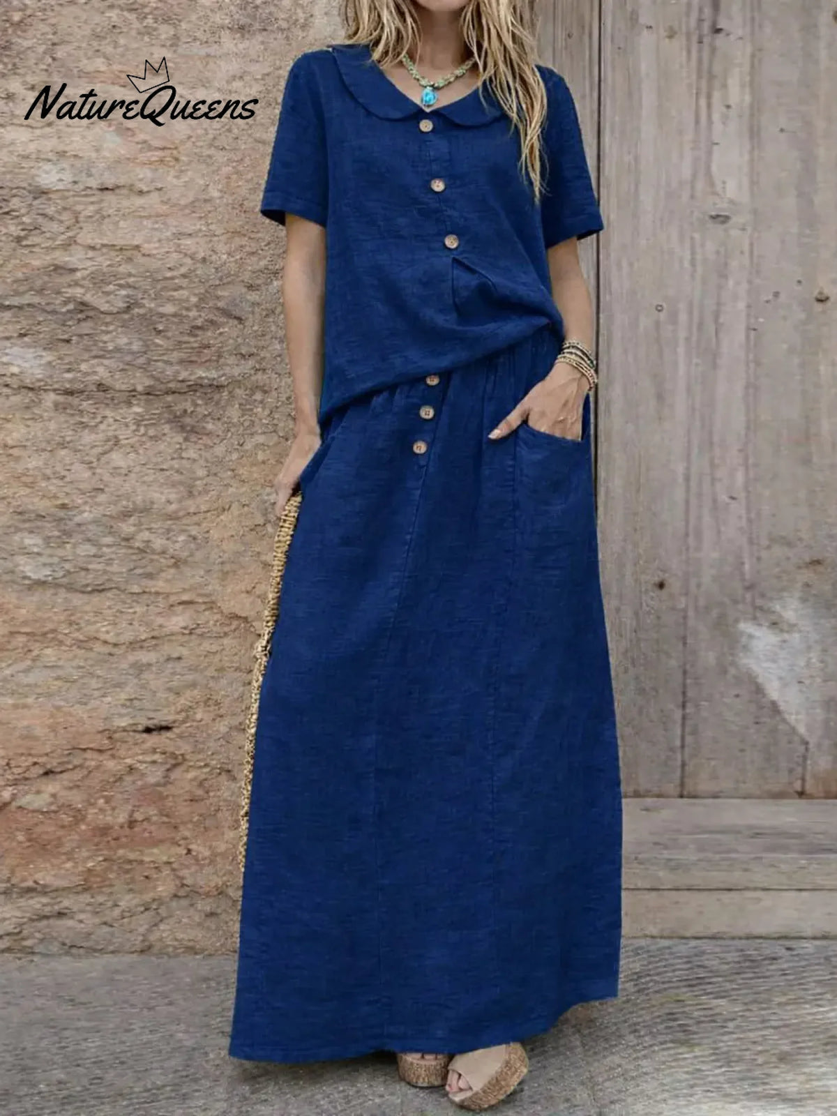 Women's Solid Color Peter Pan Collar Short-sleeved Loose Casual Top Paired With A High-waisted Loose Casual Skirt A Cotton And