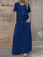 Women's Solid Color Peter Pan Collar Short-sleeved Loose Casual Top Paired With A High-waisted Loose Casual Skirt A Cotton And