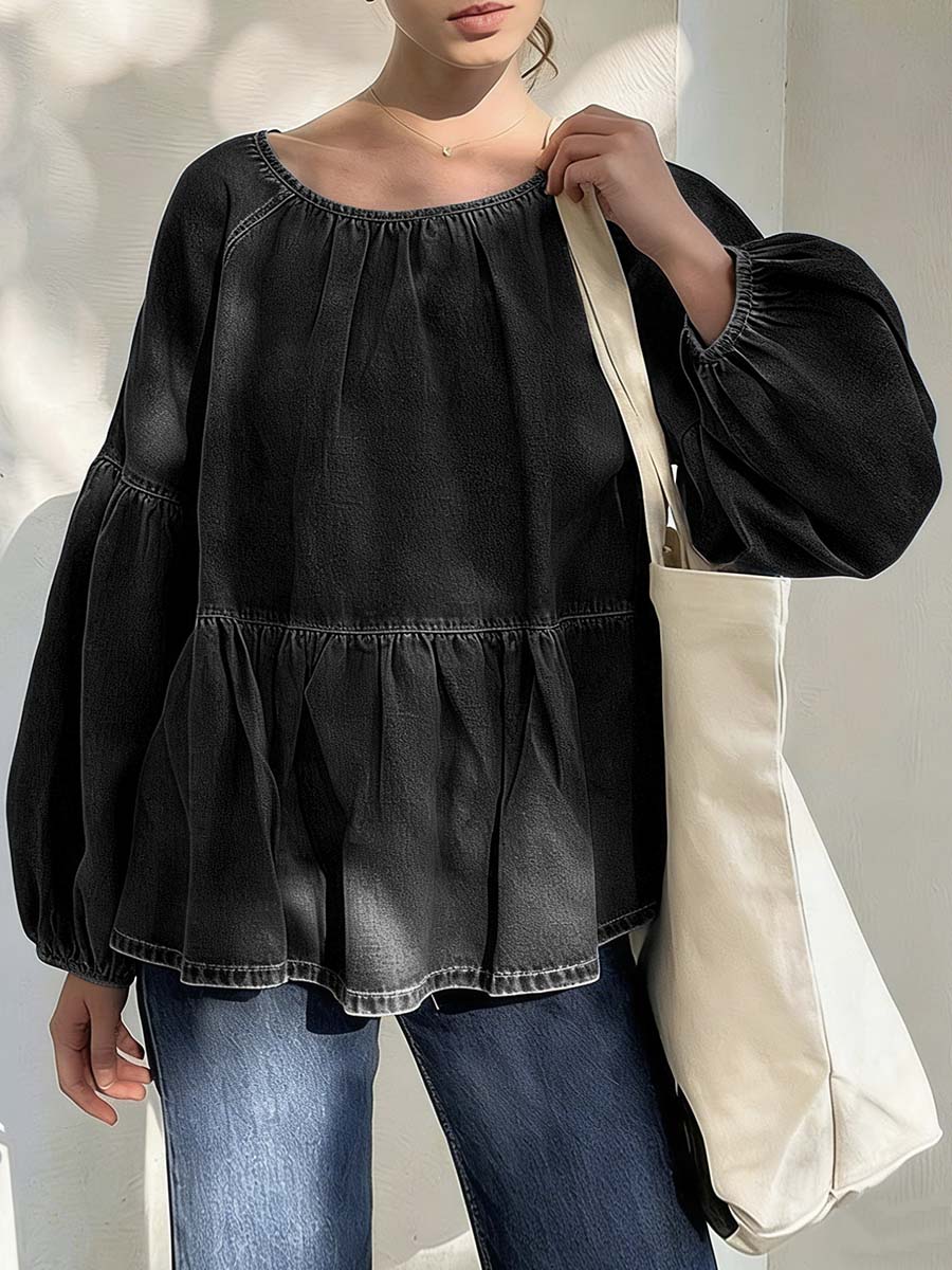 Women's Round Neck Long-sleeved Loose-fitting Casual Denim Top.