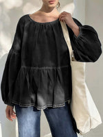 Women's Round Neck Long-sleeved Loose-fitting Casual Denim Top.