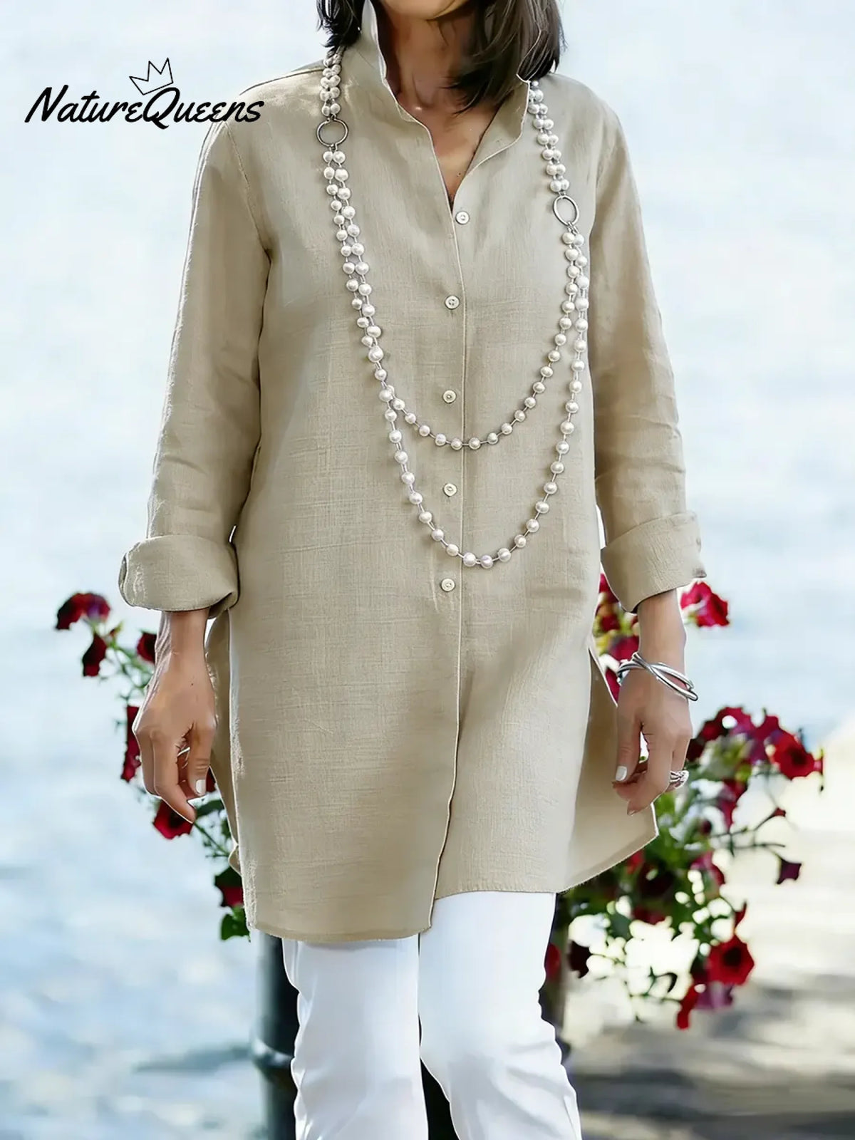 Women's Solid Color Lapel Long-sleeved Casual Loose Cotton And Linen Tunic Top