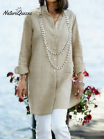 Women's Solid Color Lapel Long-sleeved Casual Loose Cotton And Linen Tunic Top