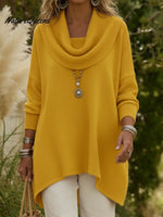 Elegant Draped Collar Irregular Hem Sweater Pullover