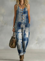 Women's Watercolor Art Print Casual Denim Jumpsuit