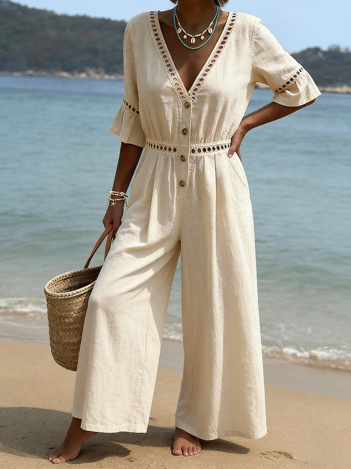 Casual Openwork Lace Loose-fit Wide-leg Cotton-linen Jumpsui