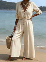 Casual Openwork Lace Loose-fit Wide-leg Cotton-linen Jumpsui