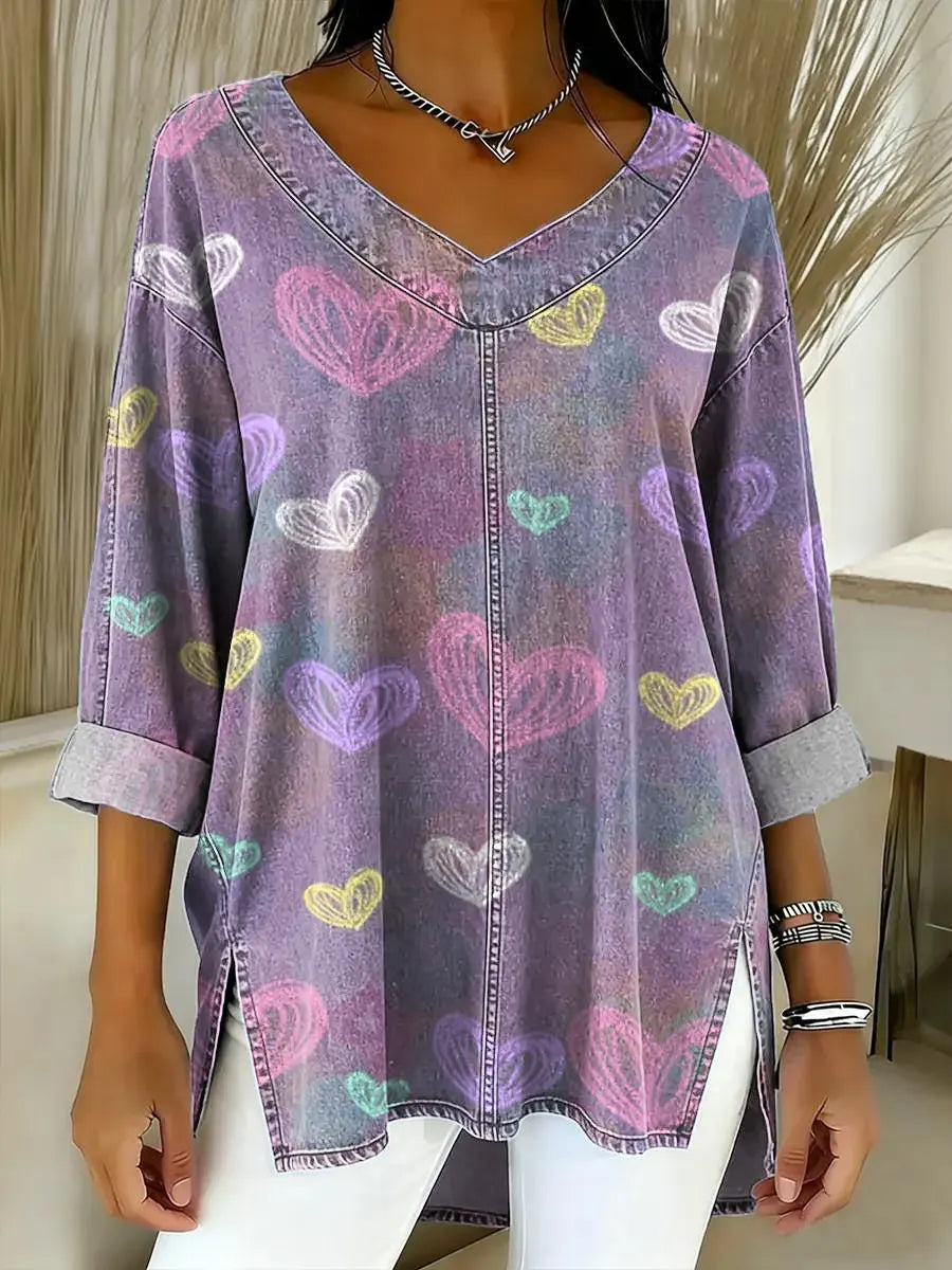 Women's Hearts Pattern Art Print Casual Denim Shirt