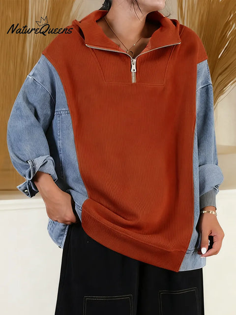 Women's Cardigan Collar Long Sleeve Casual Loose Denim Patchwork Knit Top