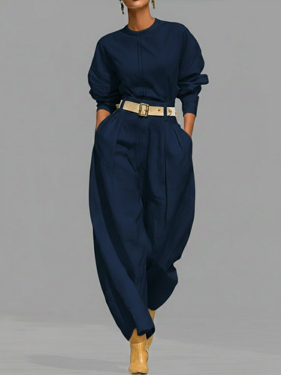 Casual Linen And Cotton Crew-neck Shirt And High-waisted Tapered Trousers Two-piece Set.