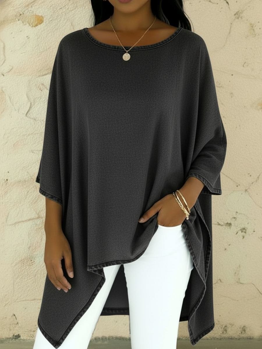 Elegant Artistic Polka Dot Print Stand-collar Denim Top