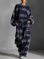 Women's Plaid Print Round Neck Long-sleeve Casual Loose Sweatshirt And High-waisted Wide-leg Pants Set